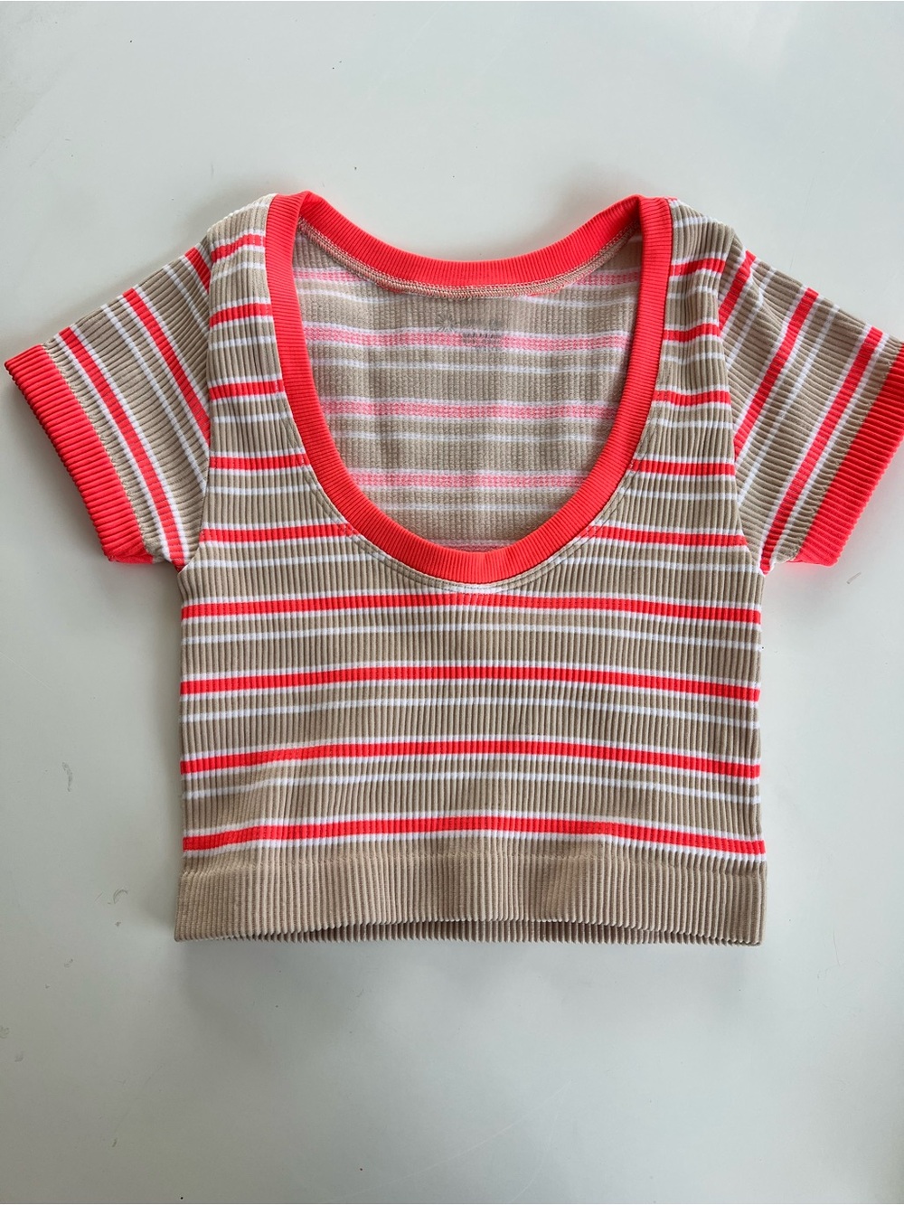 Aerie Offline Short Sleeve Cropped  Ribbed Stripe Top - Coral Trim